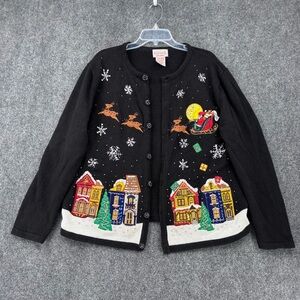 VTG Basic Editions Christmas Village Cardigan Sweater Embroidery Grandma Size XL